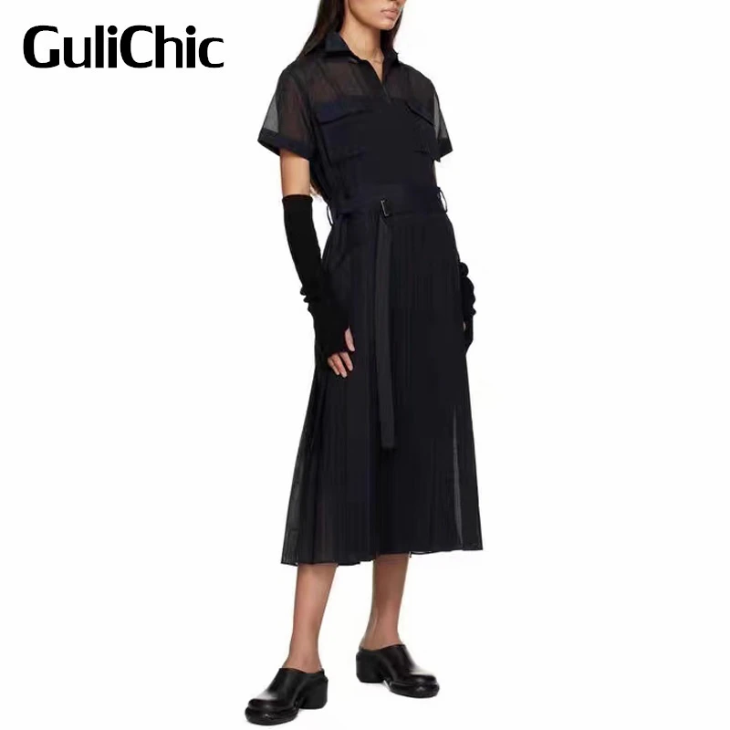 

6.21 GuliChic Women Temperament Turn Down Collar Short Sleeve Striped Collect Waist With Belt Pleated Dress