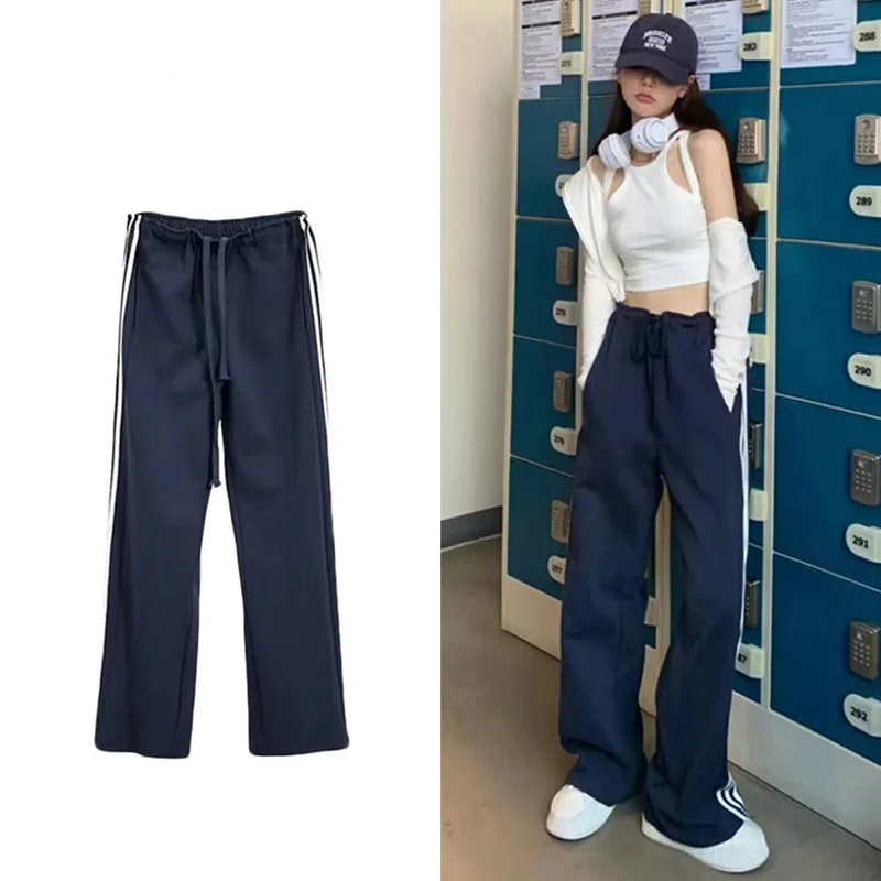 

American Street Hip-hop Wide-leg Blue Sweatpants Women's High Street Design Side Stripes Straight Mopping Sports Casual Pants