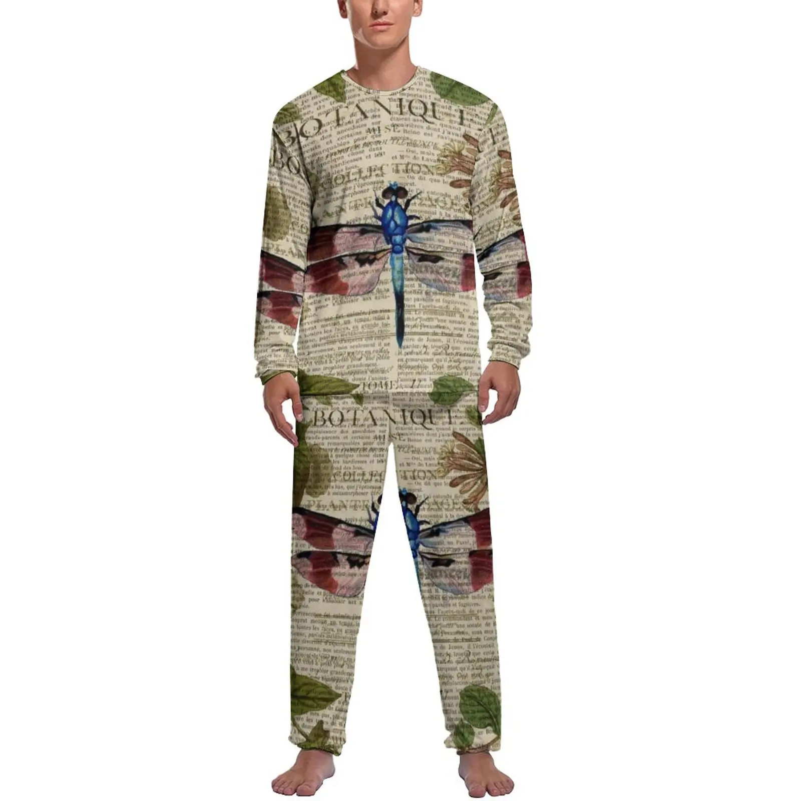 Newspaper Print Pajamas Daily Modern Leaves Botanical Art Casual Nightwear Male Two Piece Printed Long-Sleeve Lovely Pajama Sets