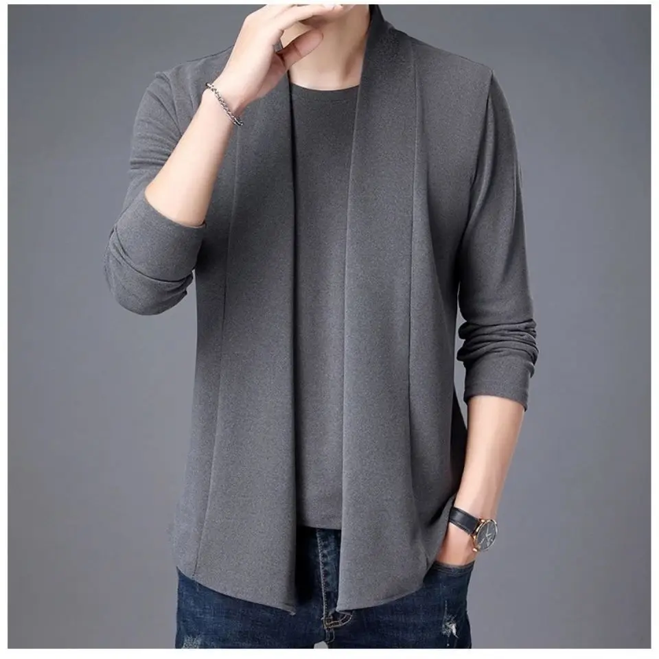 Spring Autumn Black Grey Knitted Cardigan Slim Handsome Double Faced Velvet Open Stitch Short Keep Warm Tops Skin Friendly Shirt