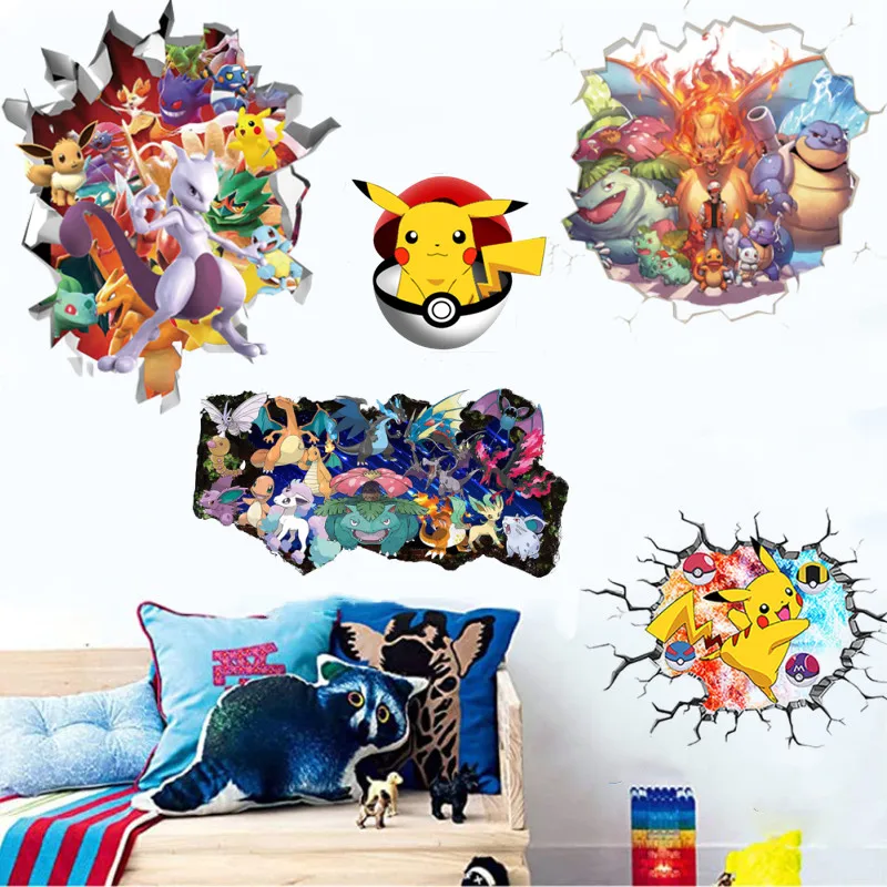 pokemon-3d-brokenwall-pikachu-stickercharizard-squirtle-walldecoration-stickercartoon-wallpaper-mewtwohanging-children's-toygift