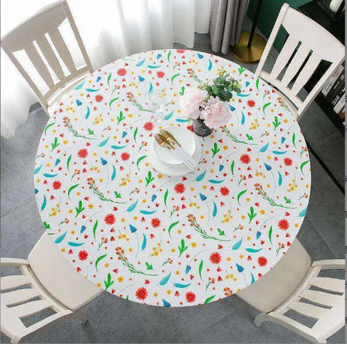 

Round Vinyl Tablecloth with Flannel Backing New Year Christmas Tablecloth Home Decor Elastic Edge Oil-Proof Kitchen Tablecloth