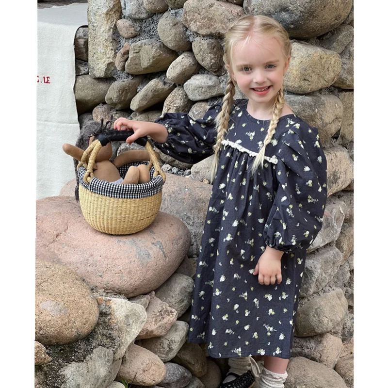 

2023 винтажное Цветочное платье для девочек, Осеннее цельное платье для маленьких девочек, детское платье принцессы с пышными рукавами, детская одежда