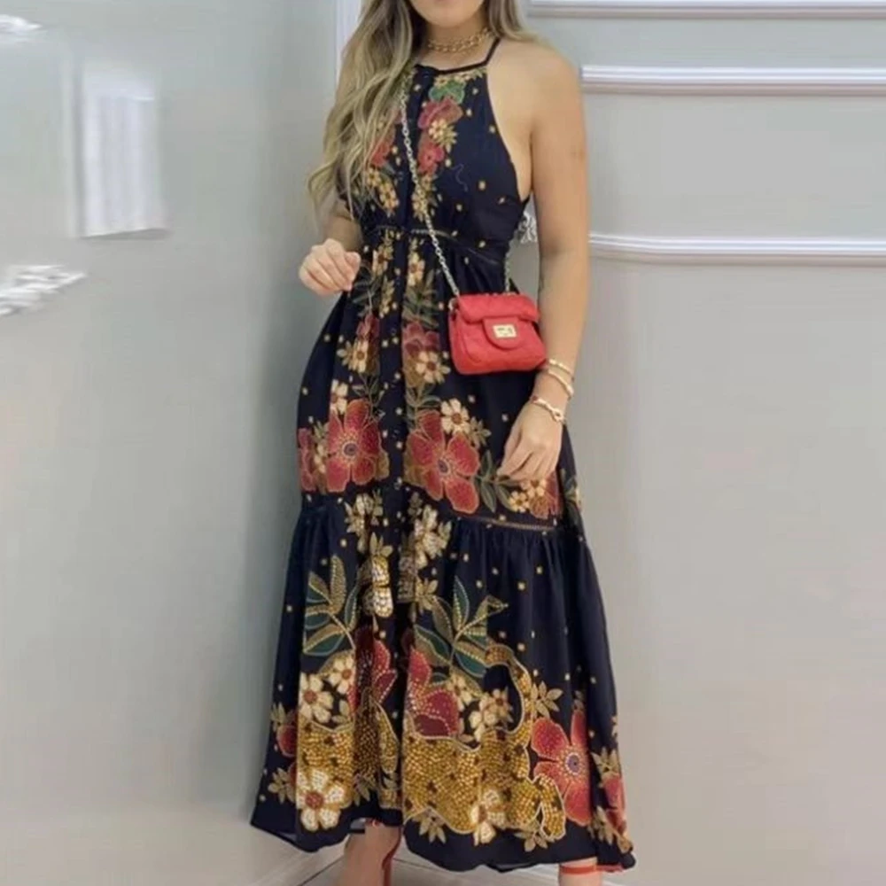 

Женское летнее длинное платье на бретелях, с цветочным принтом