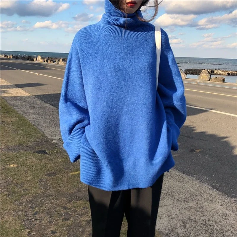 

2021 Turtleneck Collar Sweater Women Spring Autumn Solid Knitting Pullovers Oversize Basic Black Blue White Jumper pull femme