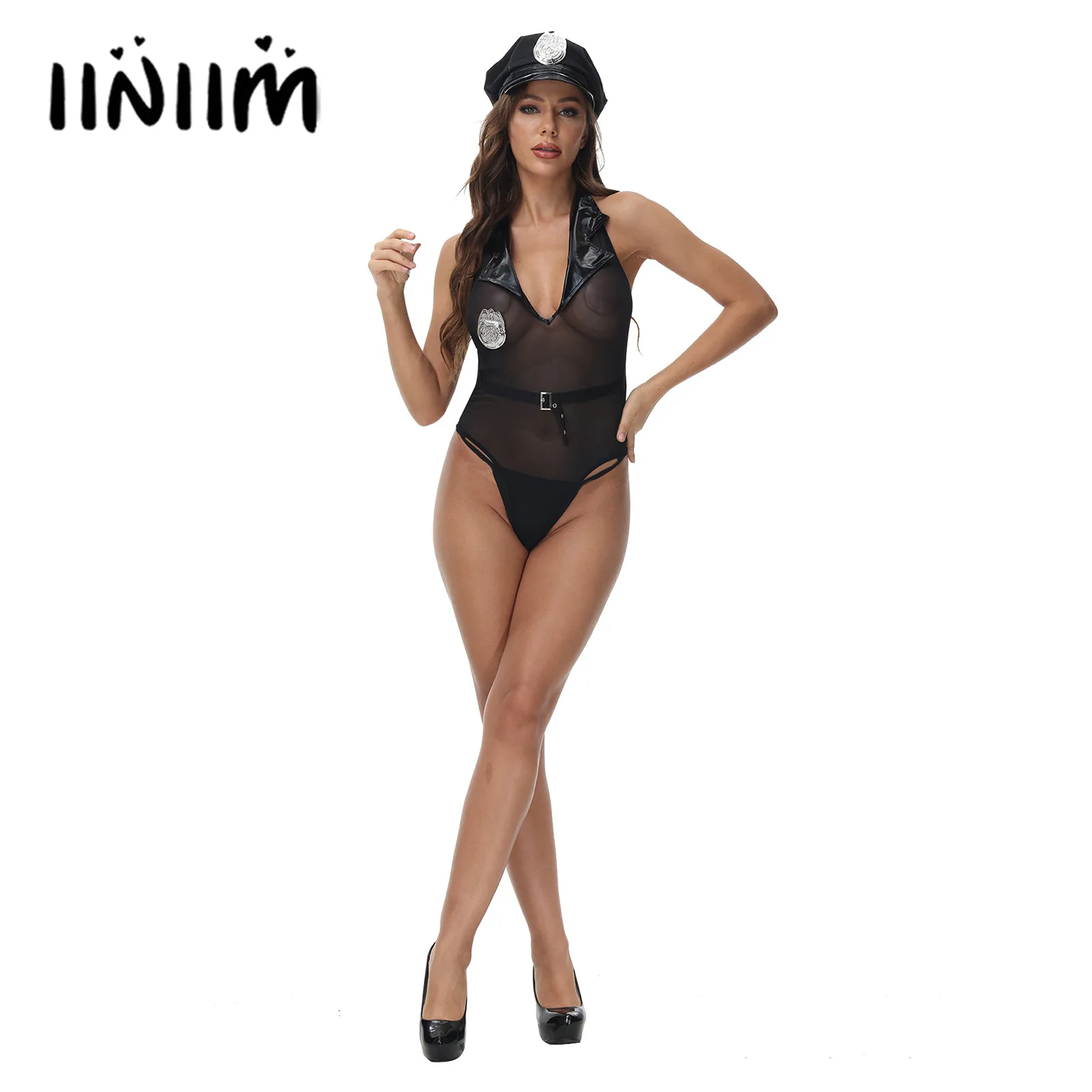 

Womens Police Sexy Cosplay Outfits Patent Leather Sheer Mesh Bodysuit See-through High Cut Backless Catsuit with Hat Cuffs Badge
