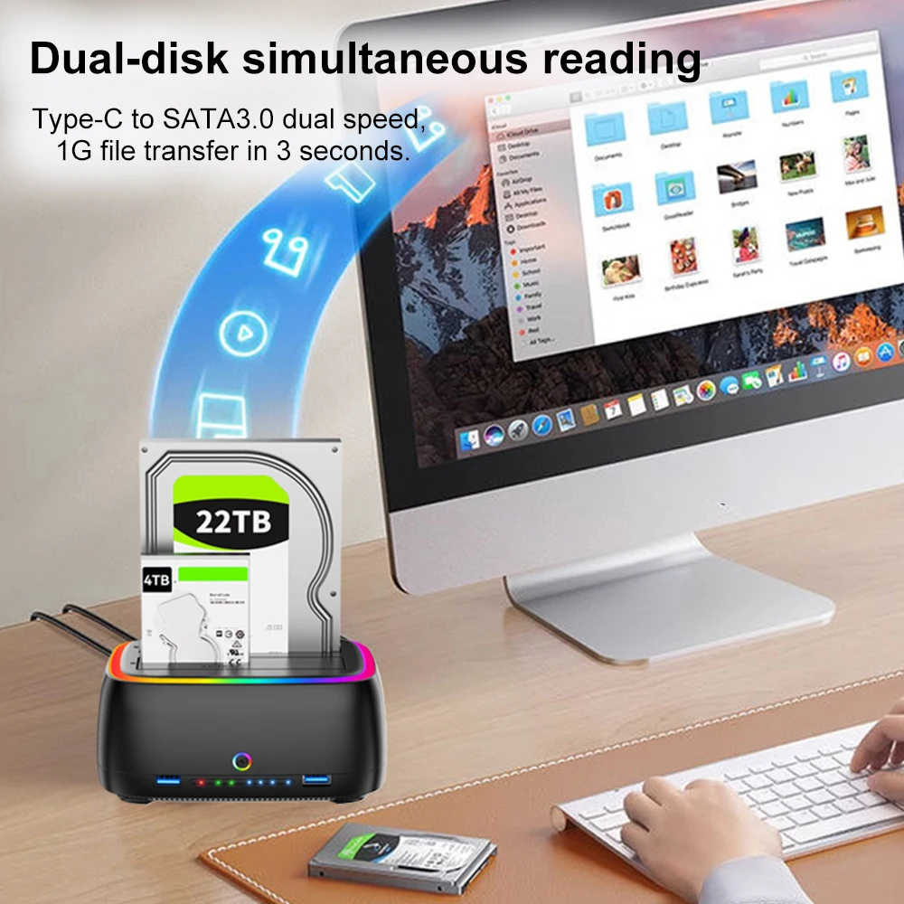 Фото Док-станция RGB с двумя отсеками для жесткого диска, адаптер SATA-USB 3.0 для корпуса жесткого диска 2,5/3,5 дюйма, автономный клонированный корпус одним щелчком мыши №3