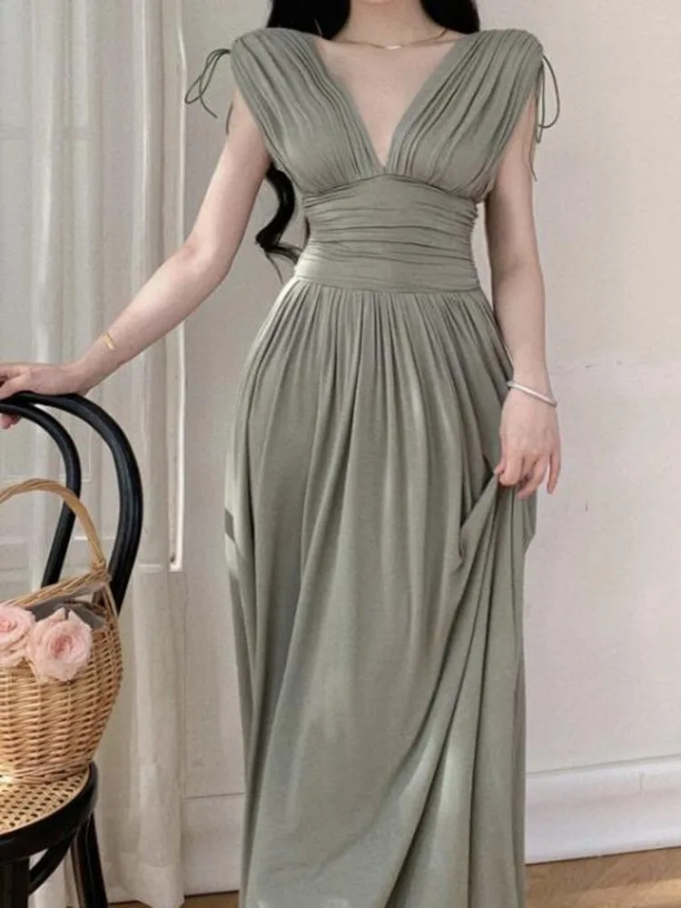 

Женское длинное платье SMTHMA, элегантное плиссированное платье без рукавов с глубоким v-образным вырезом, вечерние Клубные платья в античном ...