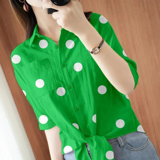 Polka Dot Half-sleeve Shirt Women's Lapel Button Up Summer Tops Pockets  Office Korean Loose Top Casual Summer Red Green Shirts - купить по выгодной  цене | AliExpress