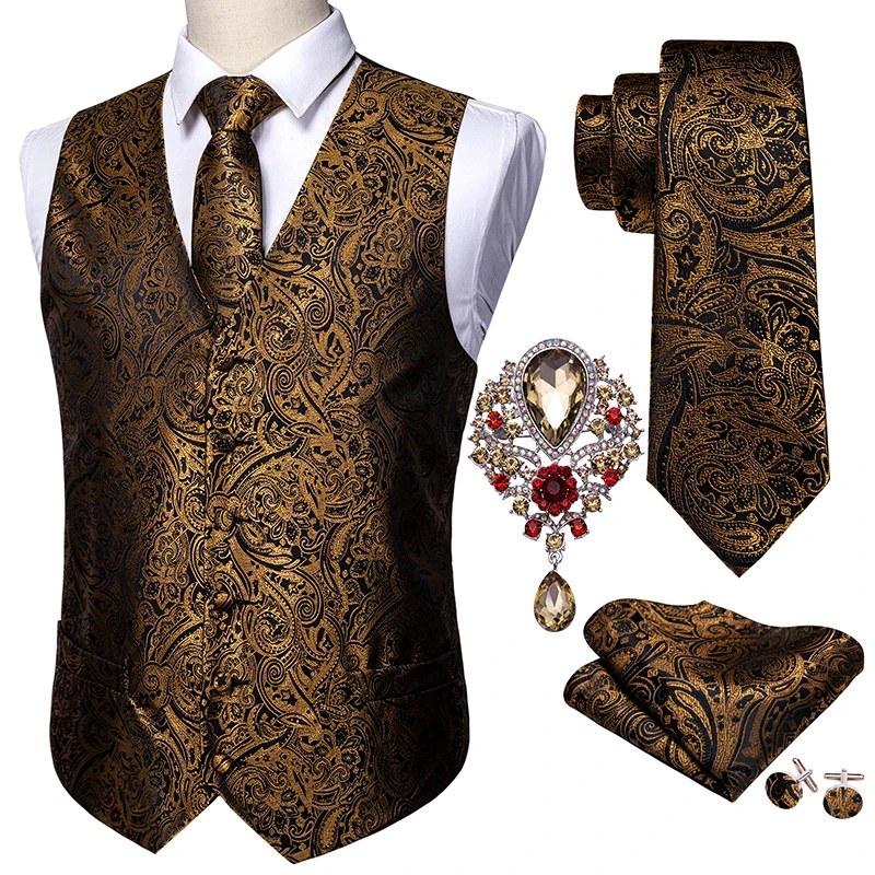 

5PCS Designer Mens Wedding Suit Vest Black Paisley Jacquard Folral Silk Waistcoat Tie Brooches Vest Set Barry.Wang Groom