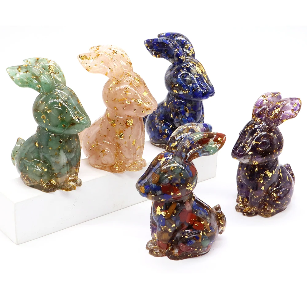 

73mm Rabbit Statue Natural Tumbled Stone And Resin Perfusion Crafts Room Ornament Minerals Amethyst Rose Quartz Home Decoration