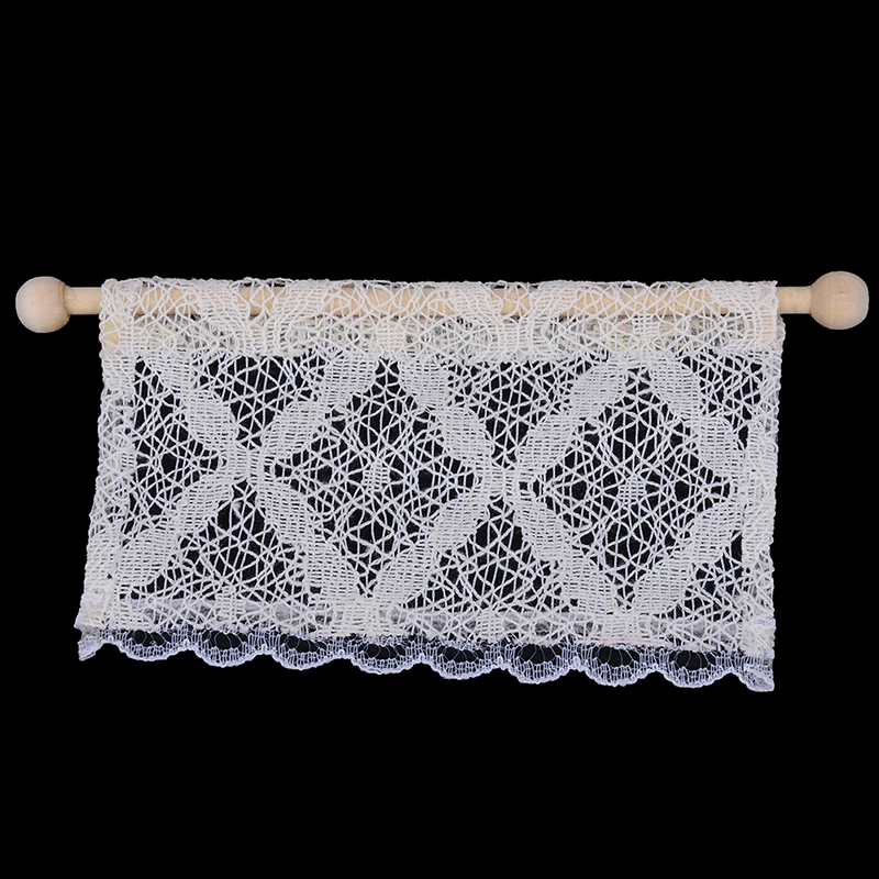 

1/12 Dollhouse Miniature Lace Curtain with Wooden Rod Doll House Decoration White Cassic Toy for Kids Dolls Accessories