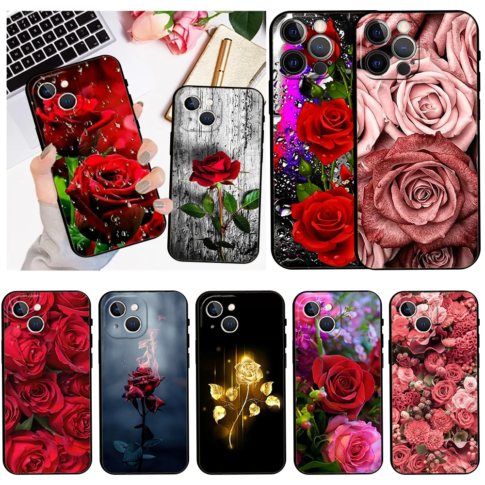Ярко-красный чехол с цветами розы для Apple iPhone 13 Pro Max 11 12 XR 7 8 Plus SE 2020 X XS 6 6S 5 5S 2022