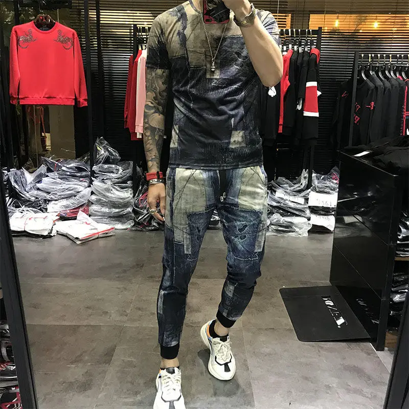 New men's summer short sleeve camouflage suit Korean fashion handsome casual printed pants two-piece set