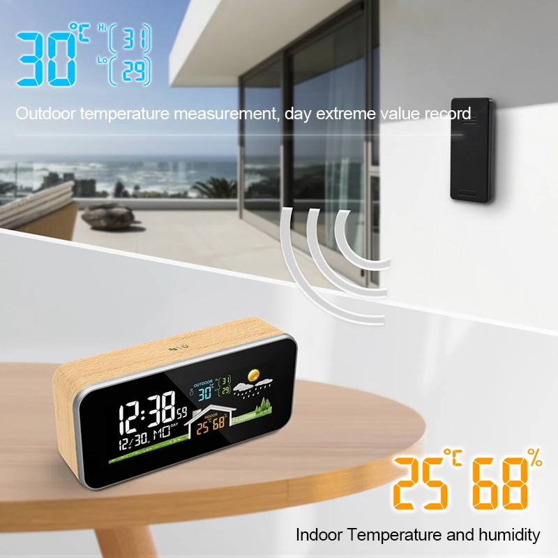 

Digital Weather Station Wooden Alarm Clock Temperature Humidity Meter Table Desk Clocks Brightness Backlight with Calendar