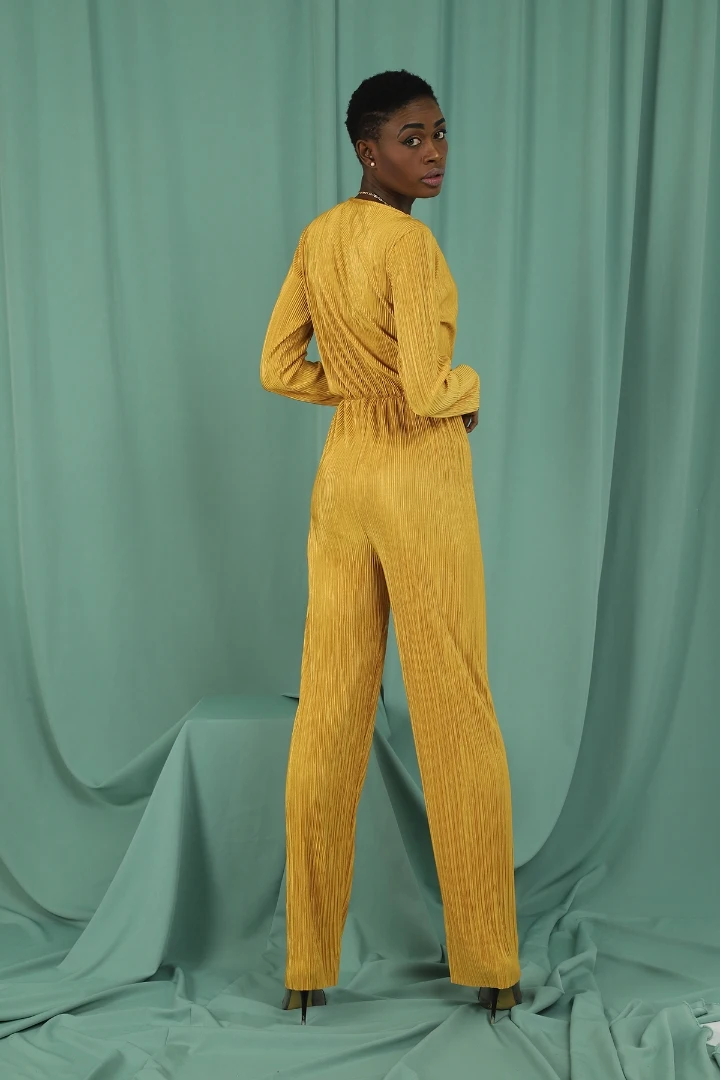 

Mustard Double Breasted; Pleats Jumpsuit women new season long sleeve plus size sexy casual cut modern jumpsuit