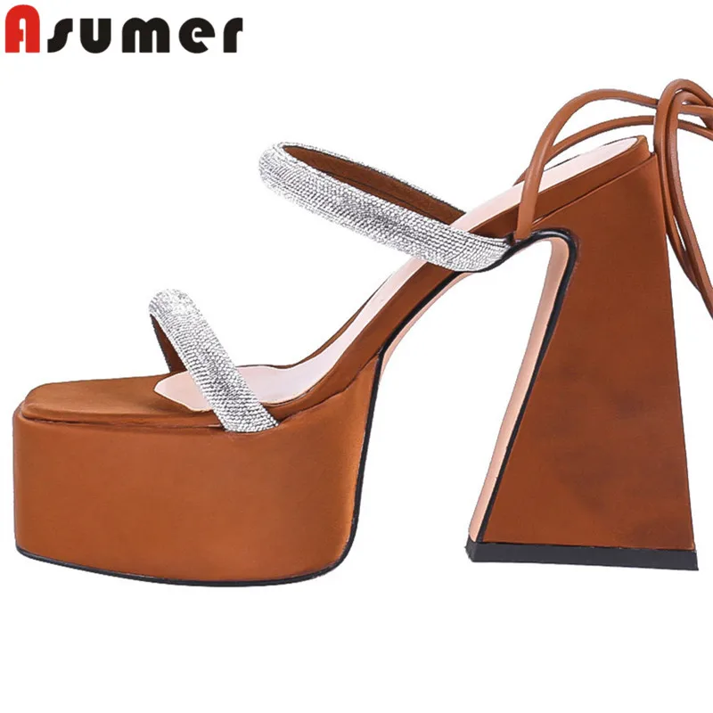

ASUMER 2022 Size 35-42 New Microfiber Lace Up Women Sandals Solid Thick High Heels Sandals Ladies Dress Platform Shoes