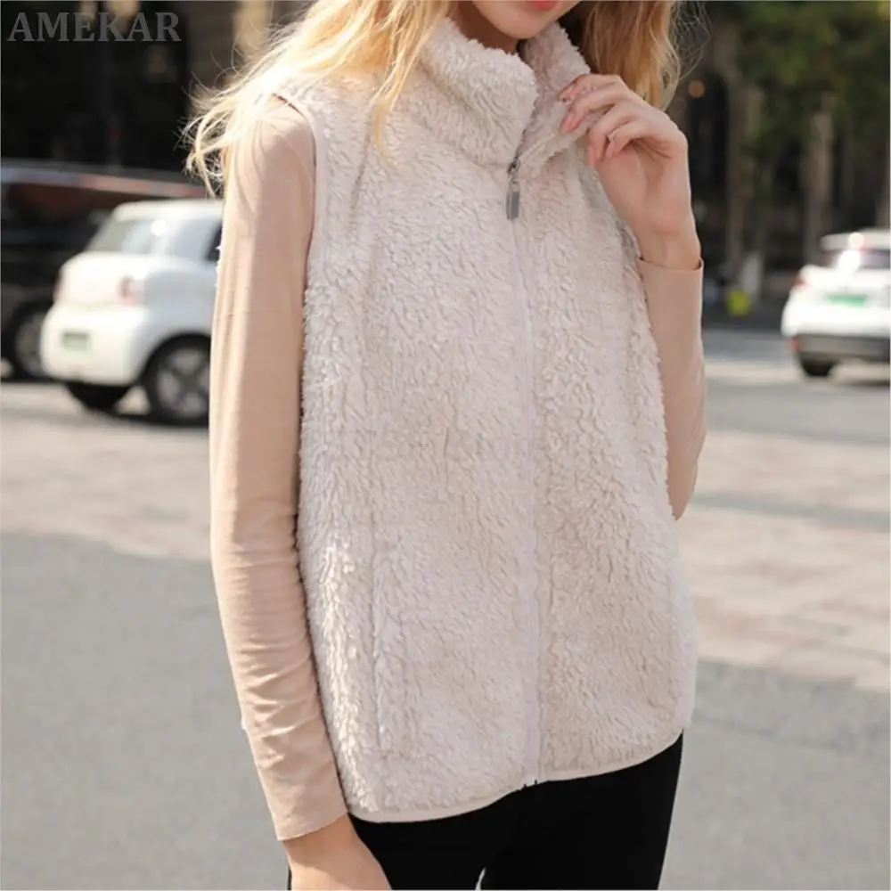 Women Winter Luxury Real Fur Stand Collar Vest Pure Color Zipper Warm Adult Waistcoat Leisure Designer Thermal Real Fur Coat