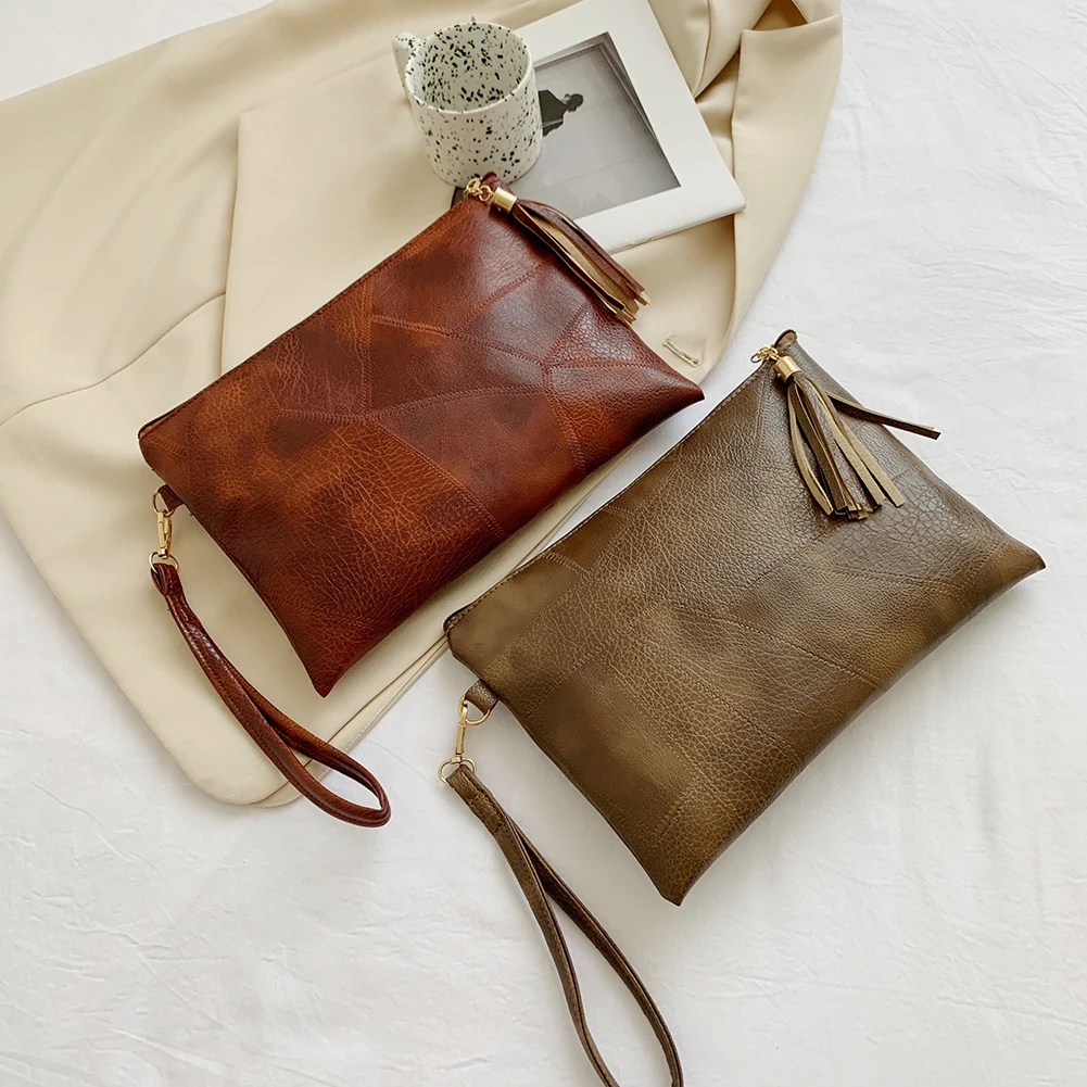 

Small Wristlet Bags Stylish Women PU Leather Pure Color Daily Pouch Leisure Ladies Tassel Outdoor Traveling Bags