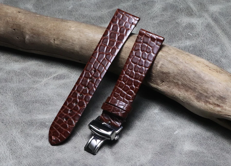 Black Brown 16 18 19 20 21 22mm High-end Crocodile Alligator Leather Watch Band Strap  Handmade Retro Butterfly buckle Wristband