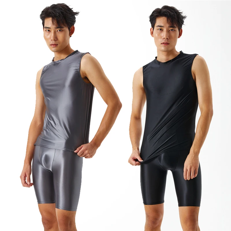 

sexy men silky shiny tight transparent vest five-point pants oily fitness shorts glossy swimming sports Yoga suit plus size