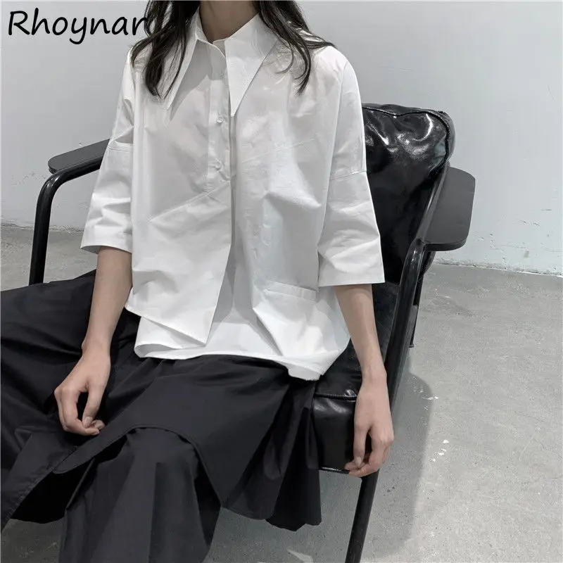 

Women Shirts Summer Vintage Asymmetrical Half Sleeve Korean Style Turn-down Collar Fashion Breathable Simple Female New Stylish