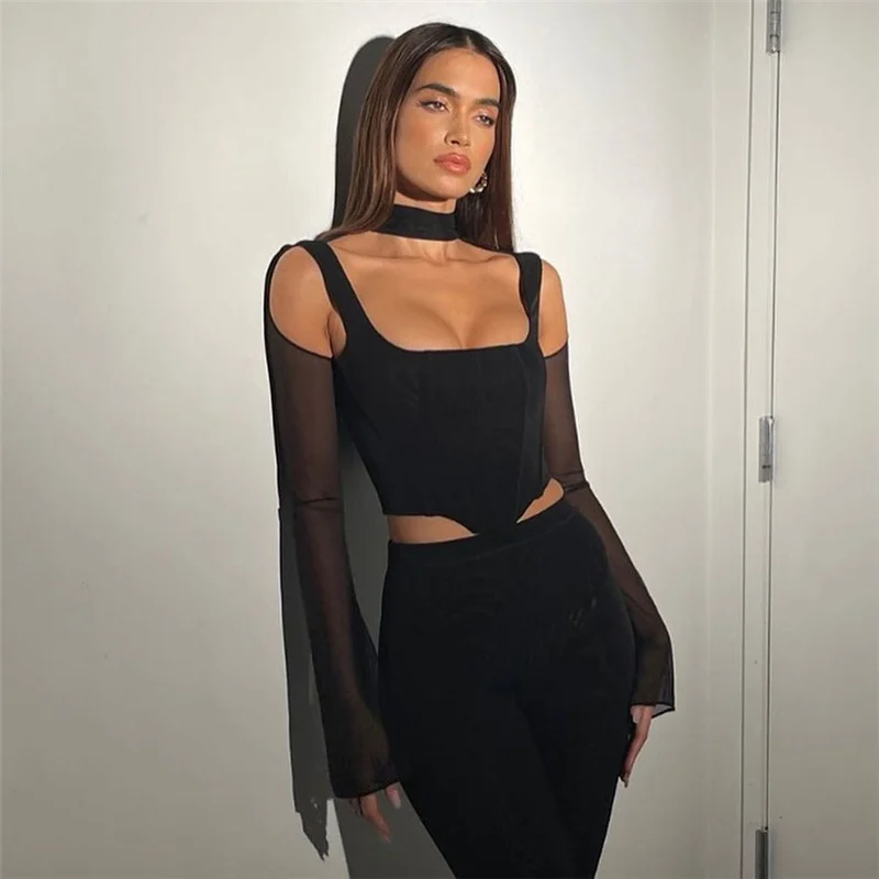 

New Fashion Womens Long Sleeve Short Tops See-Through Hollow Out Slim-Fit Short Blouse Solid Color Navel Pullover Daily Wear