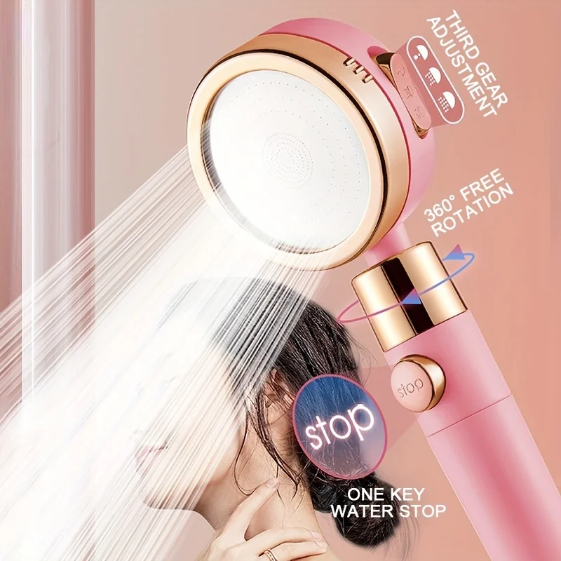 

Shower Head Water Saving Flow 360 Degrees High Preassure Rain Showerhead 3 Modes Rotation Adjustment Bathroom Pink Shower Head