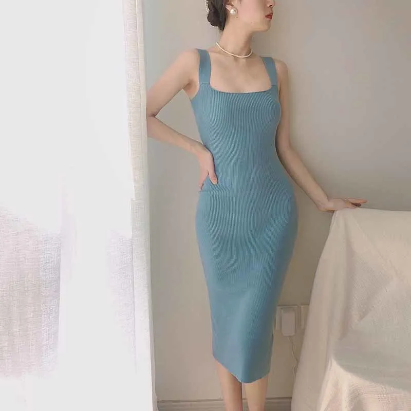 

New Arrvials Elegant Slim Knitting Dresses For Women Korean Fashion Sexy Spaghetti Strap Sweater Dress 2021 Summer Robe Femme