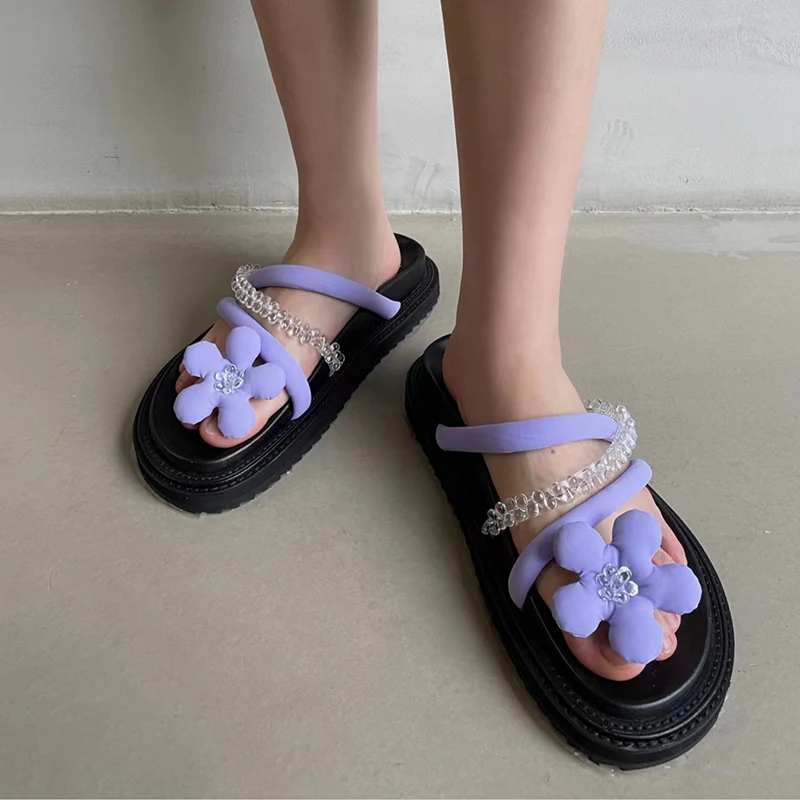 

2022 New Fashion Flower Open Toe Slippers Flip-flops Flat Bottom Shoes Casual Slippers Beaded Sweet Slippers Zapatillas