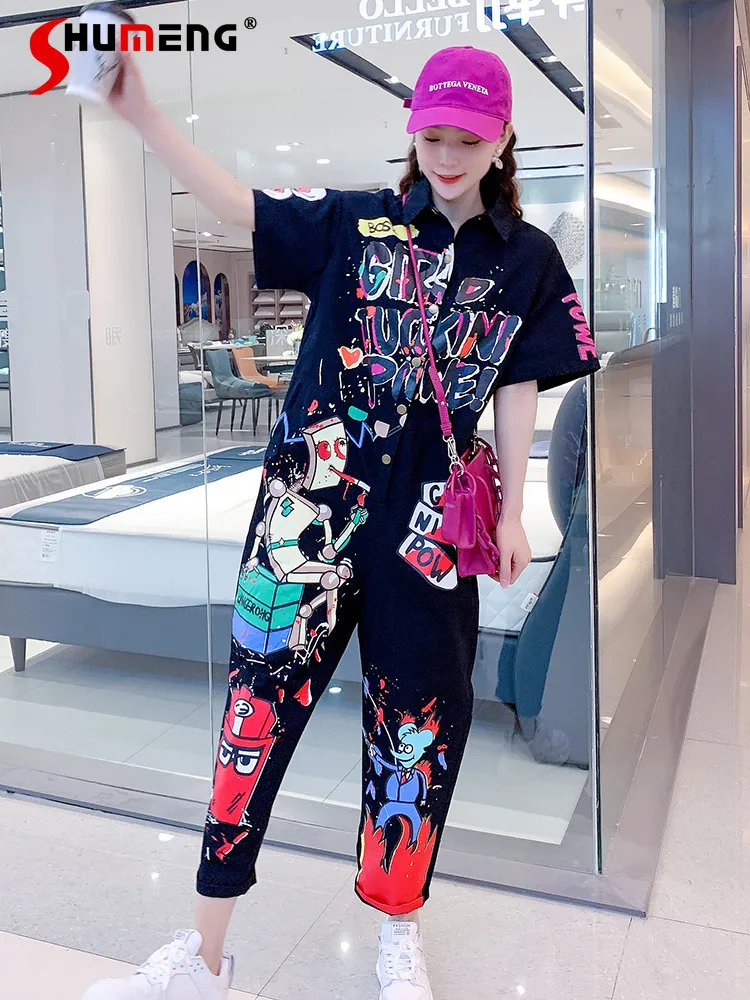 

Женские джинсовые комбинезоны с принтом карго, черные свободные комбинезоны с коротким рукавом, женский джинсовый комбинезон, лето 2022