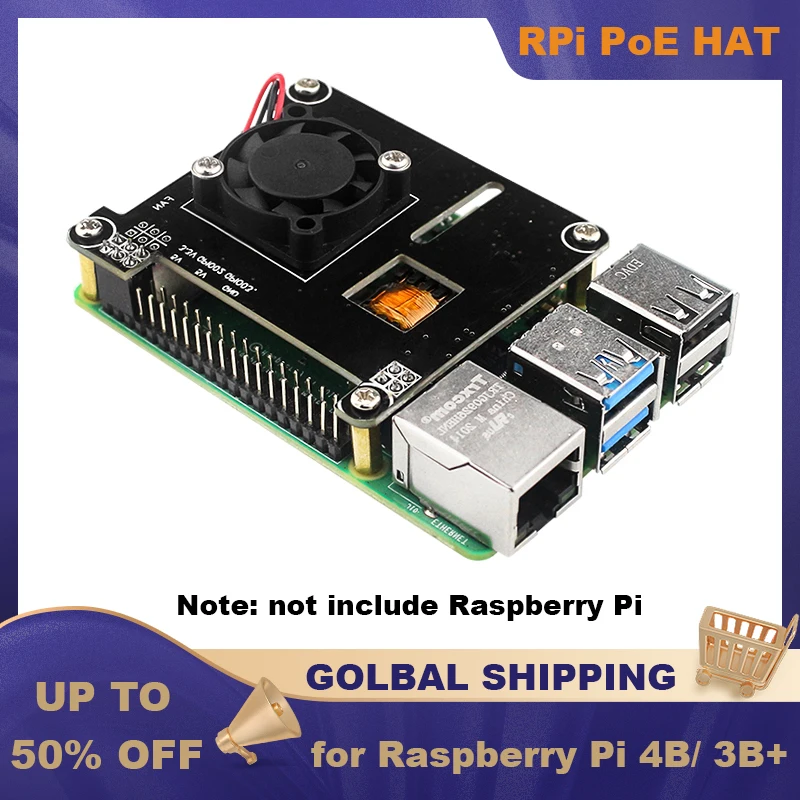 

Raspberry Pi POE HAT IEEE802.3af Standard Compliant 5V 2.4A Output With Cooling Fan Power Over Ethernet for Raspberry Pi 4B 3B+