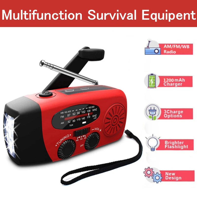 

1200mA Protable Solar Radio Hand Crank Self Powered Phone Charger LED Flashlight AM/FM/NOAA Radio Waterproof Emergency Survival