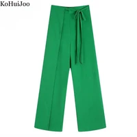 kohuijoo straight pants high waist women summer loose formal elastic waist wide leg lace up fashion trousers green pantalons