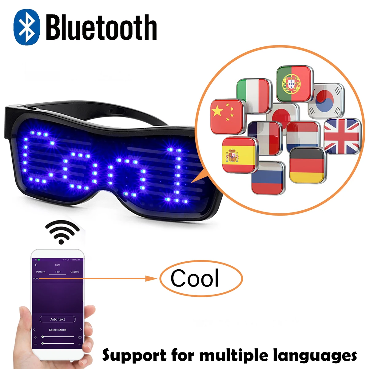 Bluetooth ProgrammableText USB Charging LED Display Glasses Dedicated Nightclub DJ Holiday Party Birthday Children's Toy Gift