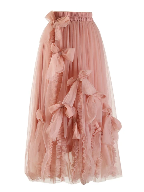 

M GIRLS Irregular Mesh Skirts For Women Hihg Waist Folds Patchwork Bow Temperament Skirt Female Summer Fashion Style 2023