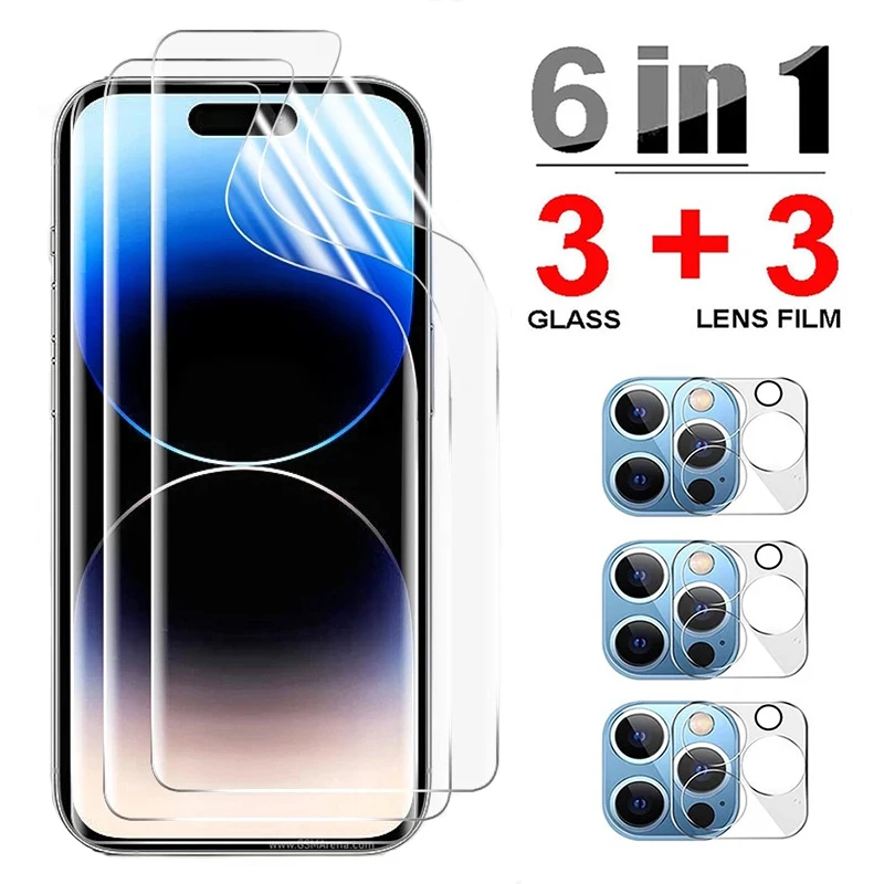 

6 в 1 Гидрогелевая Передняя пленка для iphone 14 Plus Pro Max, полное покрытие, защита экрана, закаленное стекло, пленка для объектива камеры для iphone 14
