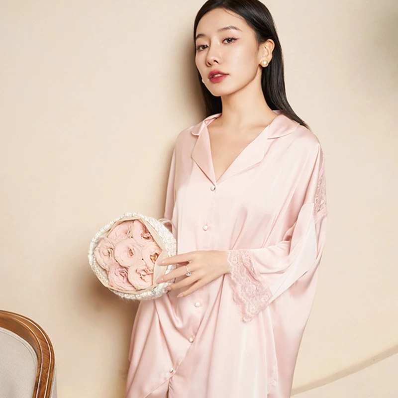 Sleepshirt Ice Silk Women Nightgown Sleep Dress Long Sleeve Lace Solid Color Mini Sexy Home Clothes Casual Night Dress Homewear