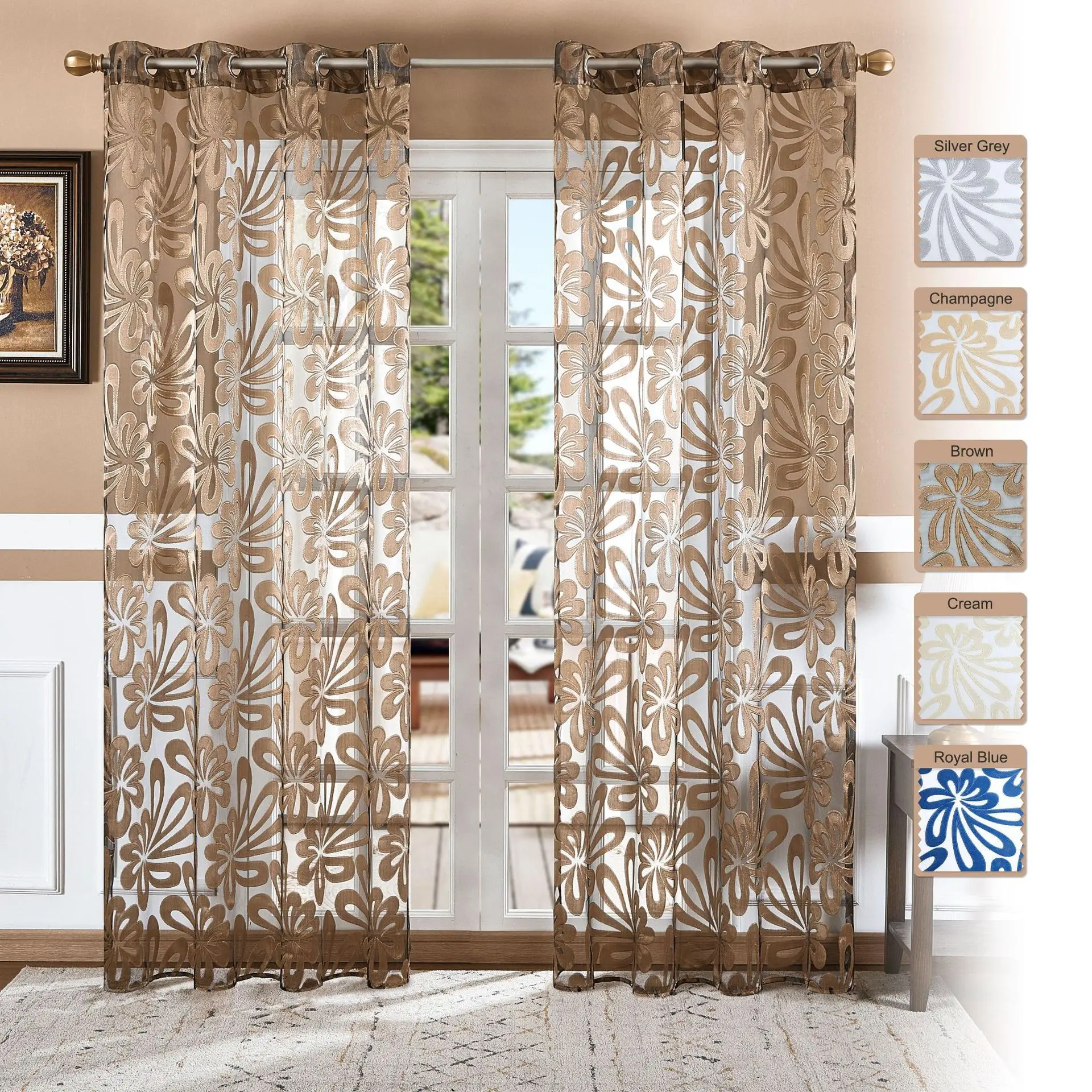 

Glass Yarn European-style Palm Jacquard Embroidery Tulle Curtains for Living Dining Room Bedroom Light-transmitting