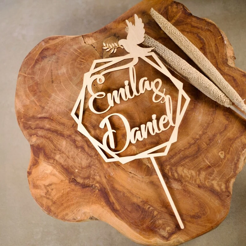 

Personalized Wedding Cake Topper Hexagon Custom With Dove Wooden Name