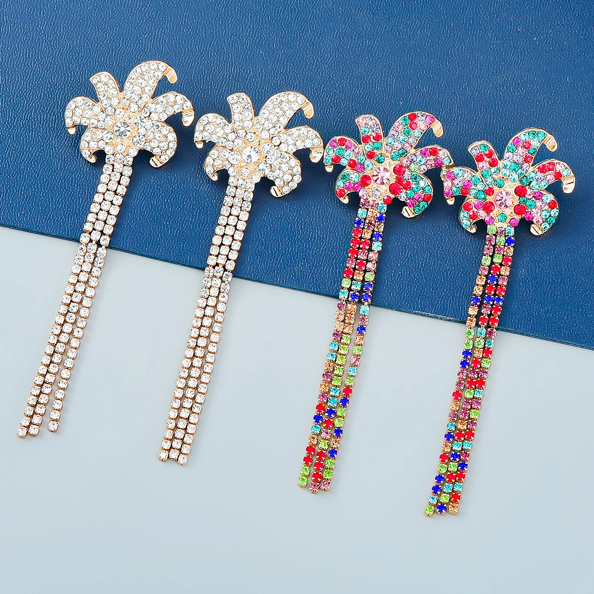 

New Rhinestone Coconut Tree Long Claw Chain Fringed Dangle Dinner Party Wedding Accessories Fashion Statement Women's Earrings