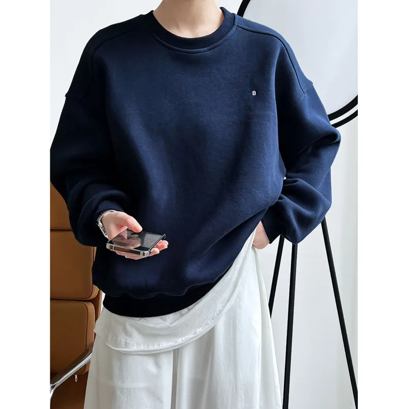 

Осенние свободные толстовки с вышивкой букв, Женские однотонные пуловеры с круглым вырезом, Топ с длинным рукавом