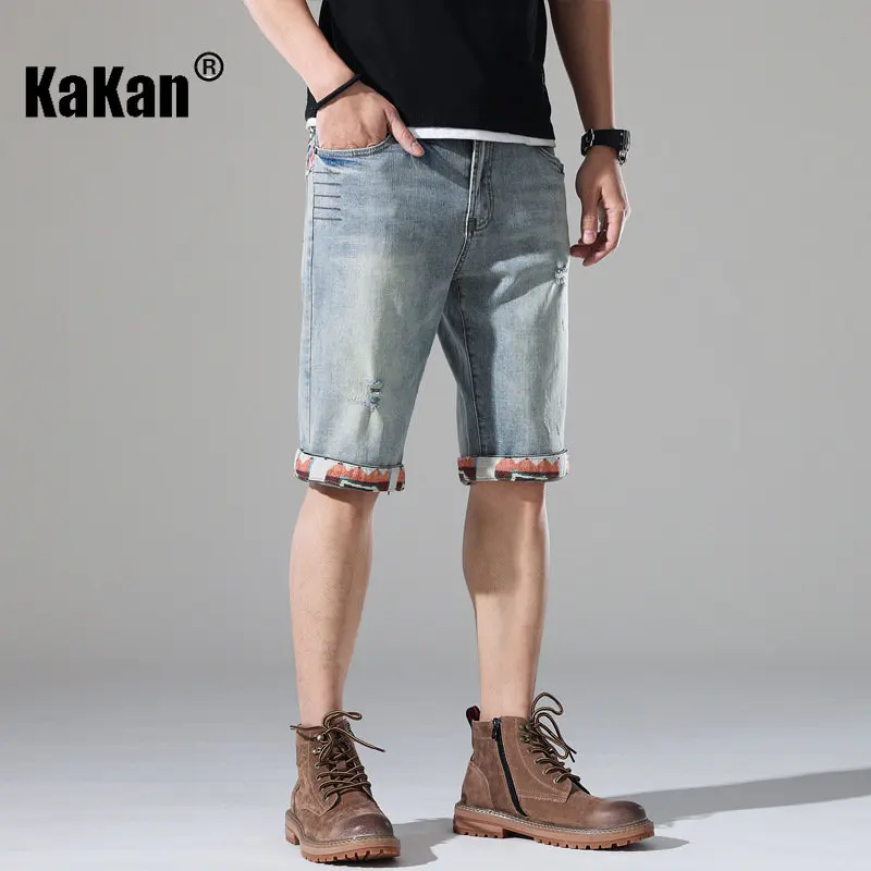 Kakan New Summer Embroidery Perforated Capris Jeans Men's Wear, Baby Blue Shorts Korean  Mid Rise Jeans K19-820