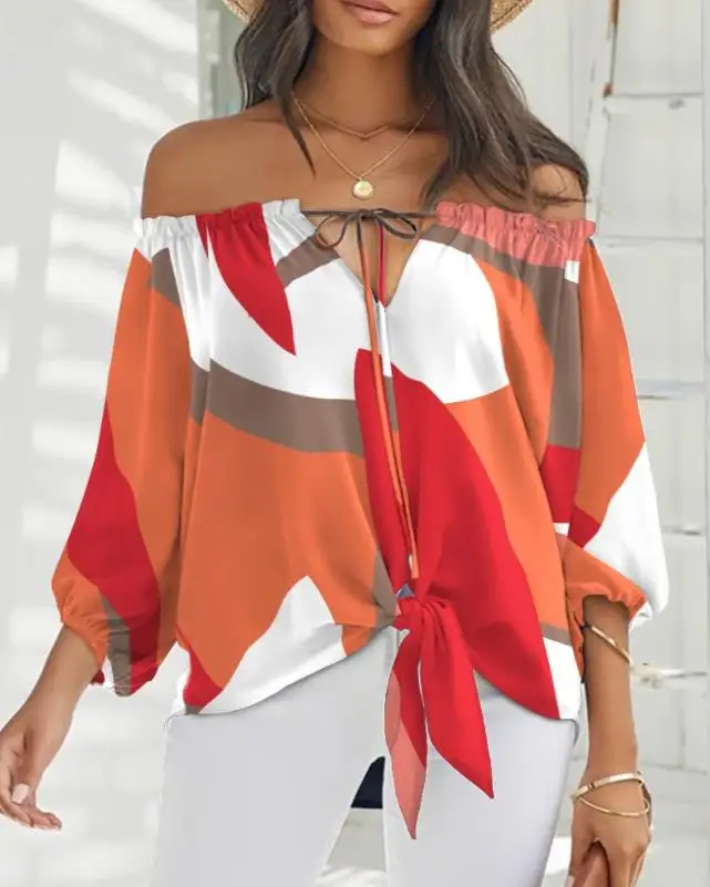 

Women's Blouse Fashion Colorblock Tied Detail Off Shoulder Casual Daily Long Sleeves Vacation Top 2022 Summer