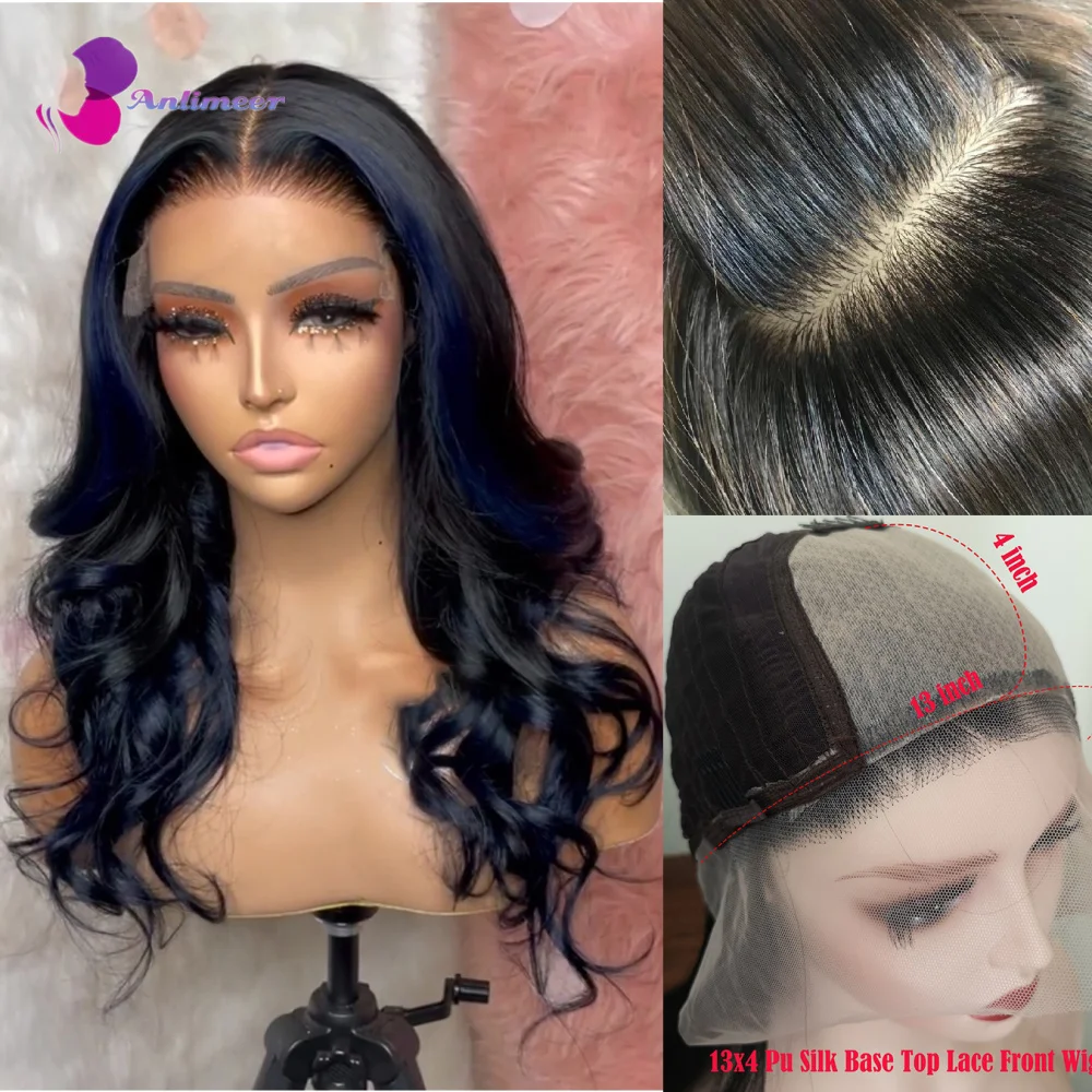 

Highlight Blue Black Silk Base Top Wig For Black Women Body wave Frontal Wig Highlight Blue Wigs 13x4 /13x6 Lace Front Wig