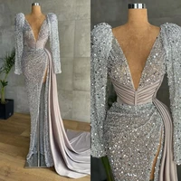 deep v neck sequin mermaid evening dresses side split long sleeve prom gowns floor length pleat party celebrity dress