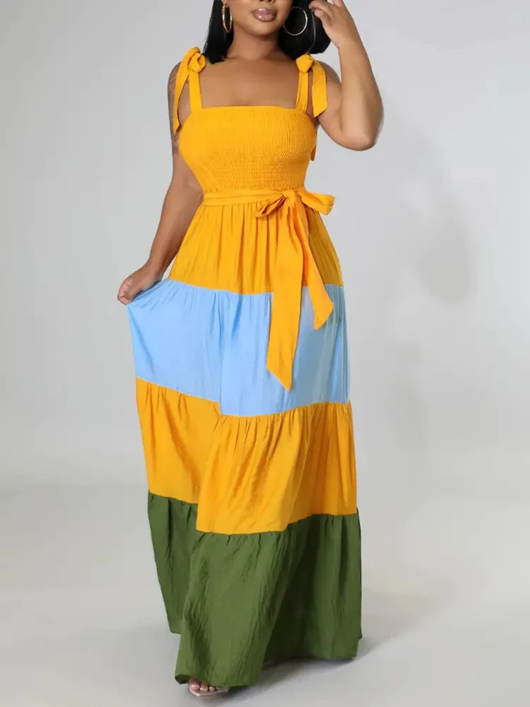 

Shein Romwe 2022 Summer Dresses For Women Colorblock Tied Detail Shirred Belted Dress Vestidos De Mujer Casual Boho Maxi Dress