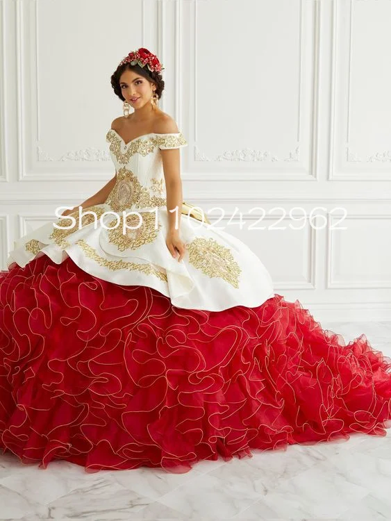 

Ivory Sage Off Shoulder Princess Quinceanera Dresses Corset Boning Gold Lace Embroidery Ruffles Tiered Skirt vestido de 15 anos