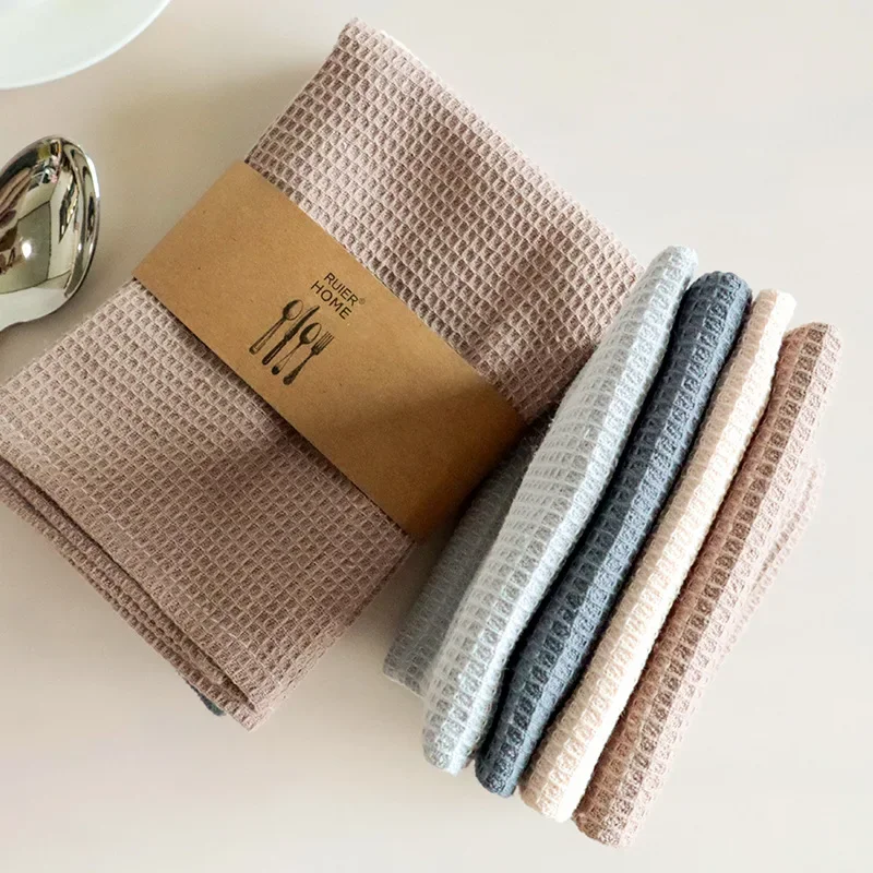 

4 Pieces Cotton Table Napkins 35x35cm Home Kitchen Waffle Pattern Tea Towel Absorbent Dish Cleaning Towel Thickened Towel Square