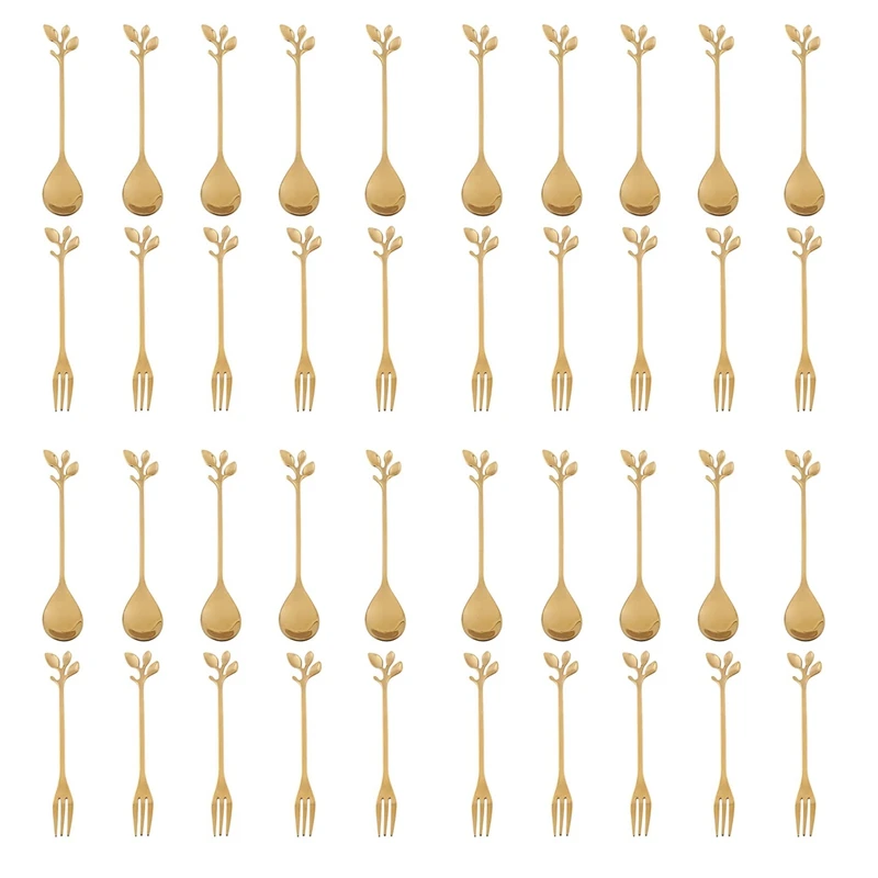 

20Spoon+20Forks Stainless Steel Leaf Coffee Cake Spoon Fork Dessert Spoons, Stirring Teaspoon Set Golden